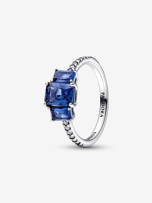 Anillo Pandora Brillante Tres Gemas Azules Rectangulares
