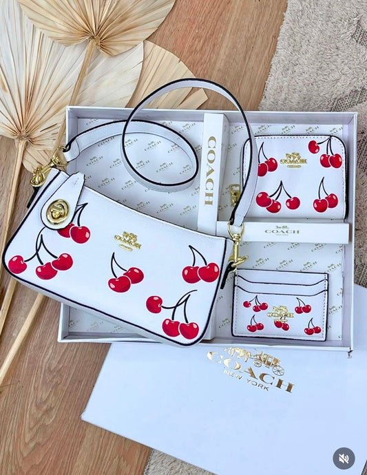 Set De Regalo De Cartera Coach Blanco Con Cerezas de 3 Piezas Con Caja
