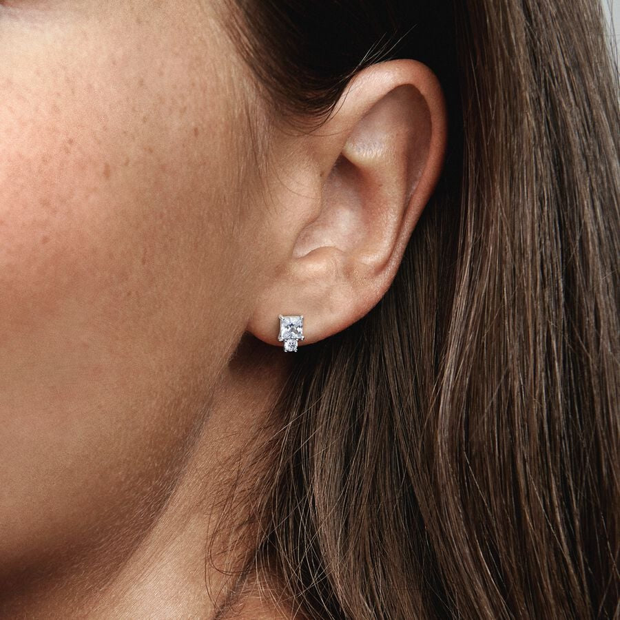 Aretes Pandora de botón Círculo y Cuadrado Brillantes