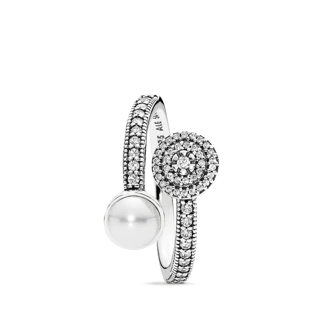 Anillo Pandora Abierto Con Perla De Cristal Blanco