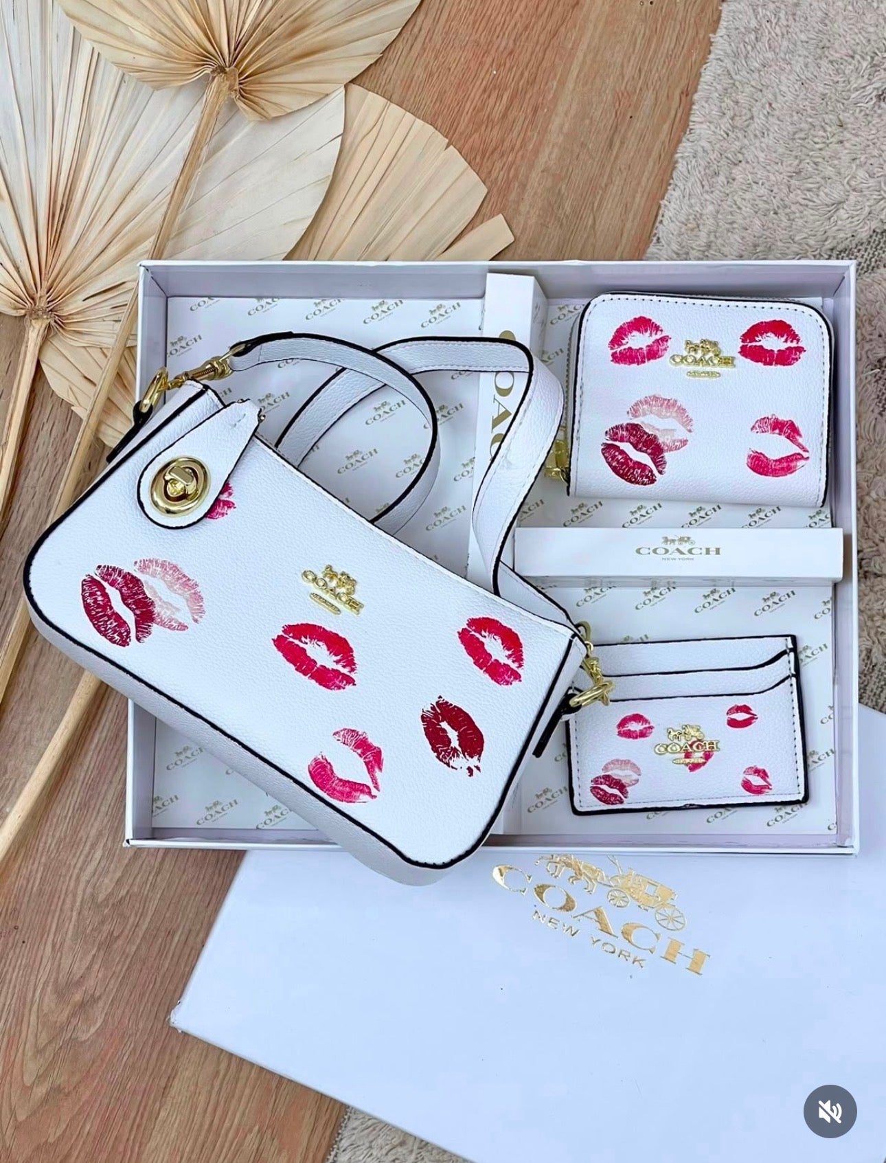 Set De Regalo De Cartera Coach Blanco Con Besos de 3 Piezas Con Caja