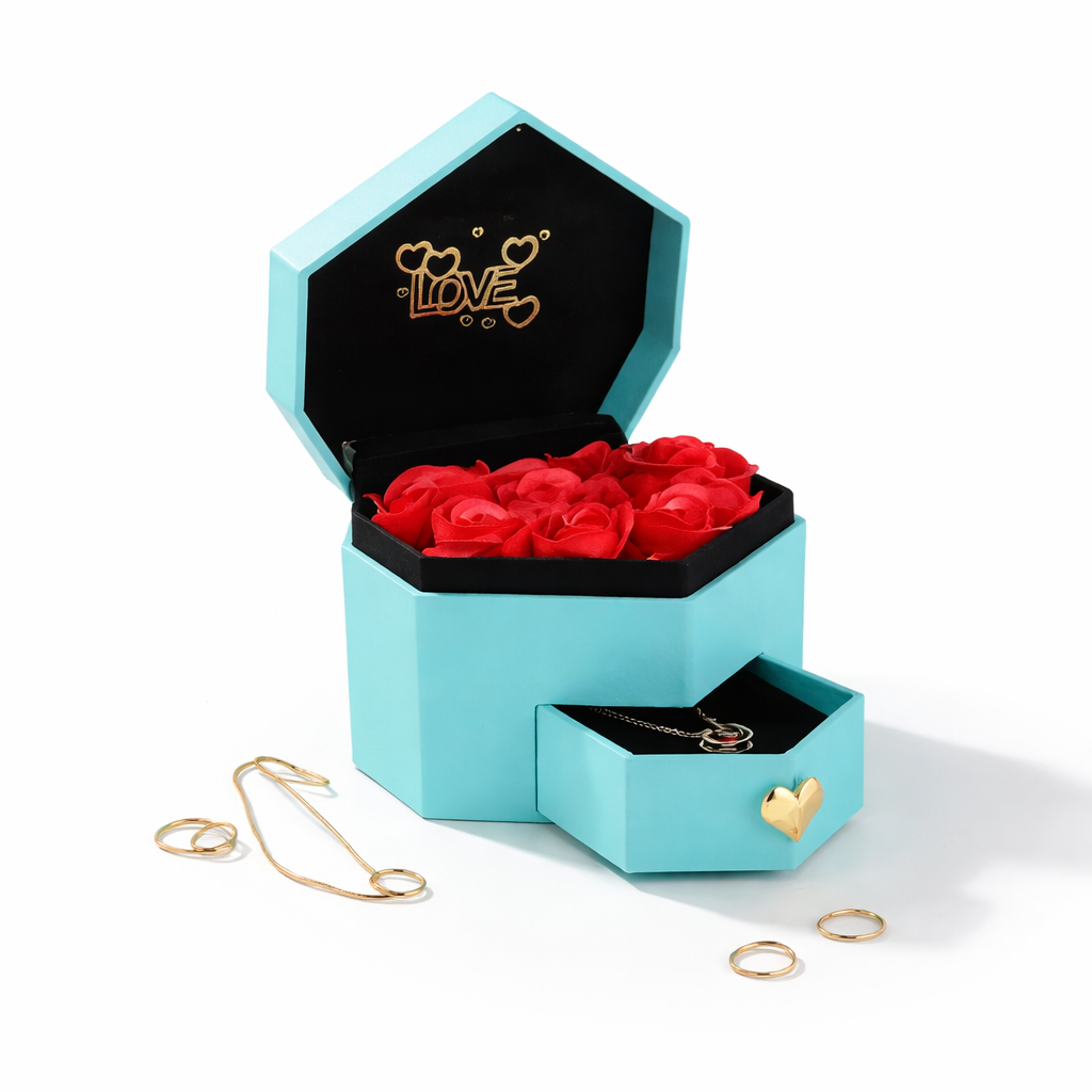 Kit Azul Turquesa Con Caja en forma de corazón y flores arriba