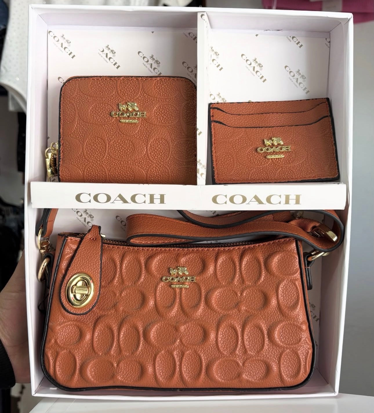 Set De Regalo De Cartera Coach Marrón de 3 Piezas Con Caja