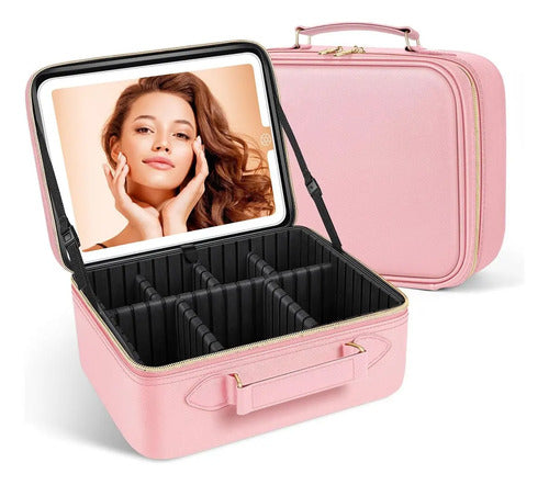 Maletín Para Maquillaje Rosa De Espejo Con Luz Led