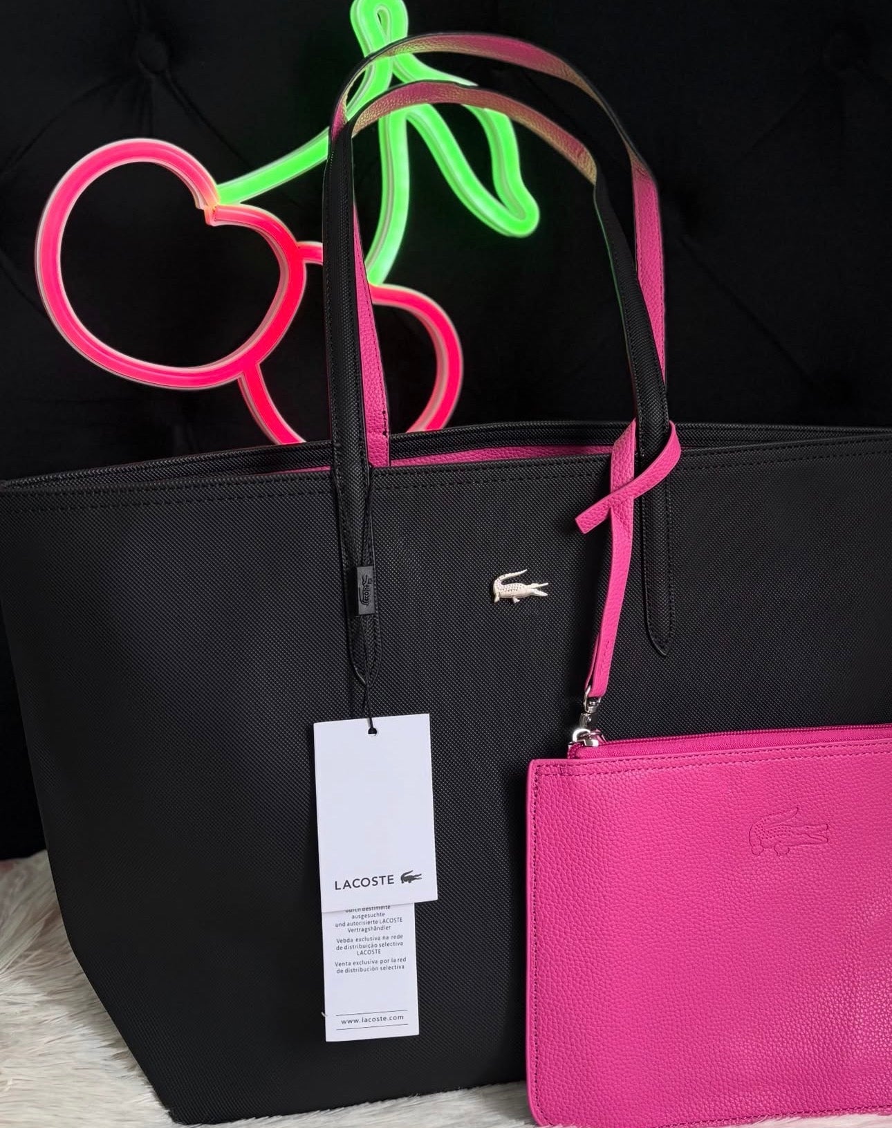 Cartera Tote Bag Grande Lacoste Reversible Fucsia Con Negro y Bolsa De Mano