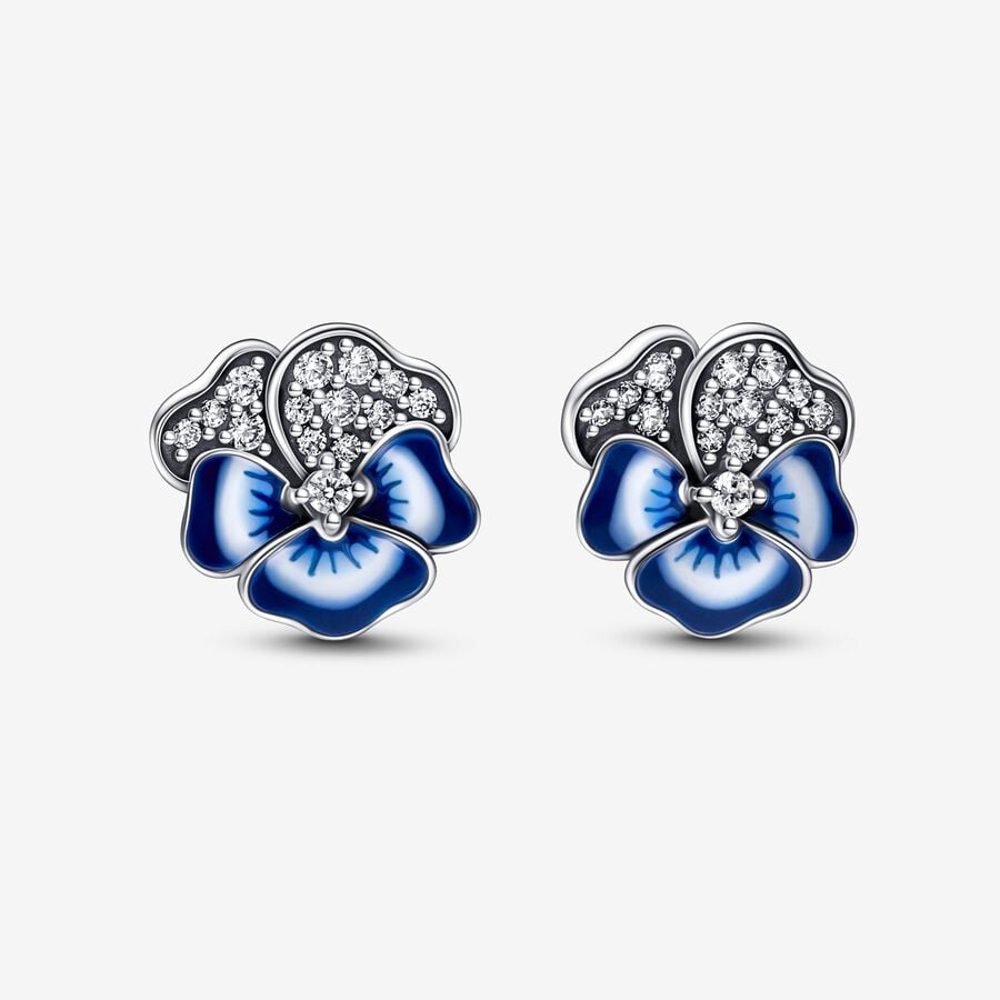 Aretes Pandora de botón Flor Pensamiento Azul