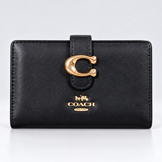 Monedero Mediano Coach Tabby En Color Negro Liso Con Herraje Dorado Con Caja