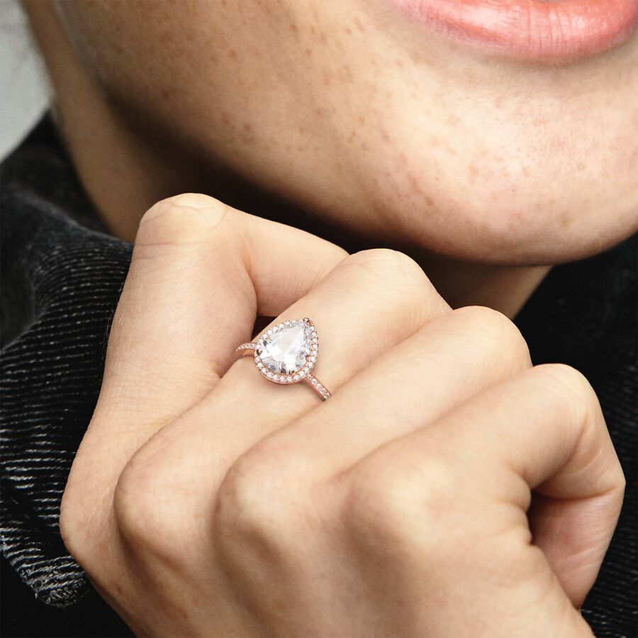 Anillo Pandora Halo de Lágrima Brillante Rose Gold