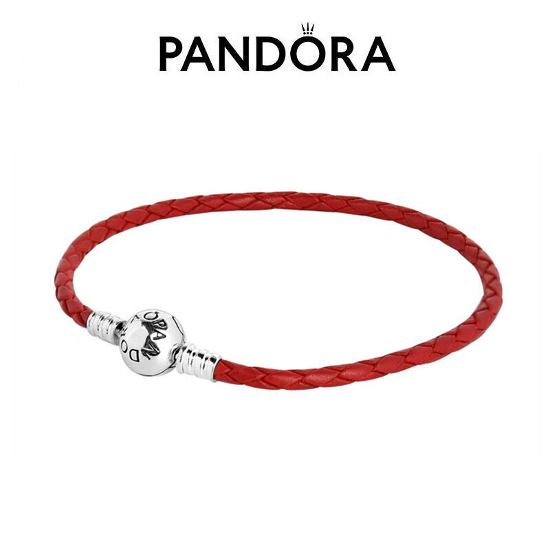 Pulsera Pandora De Cuero Rojo Con Broche En Plata