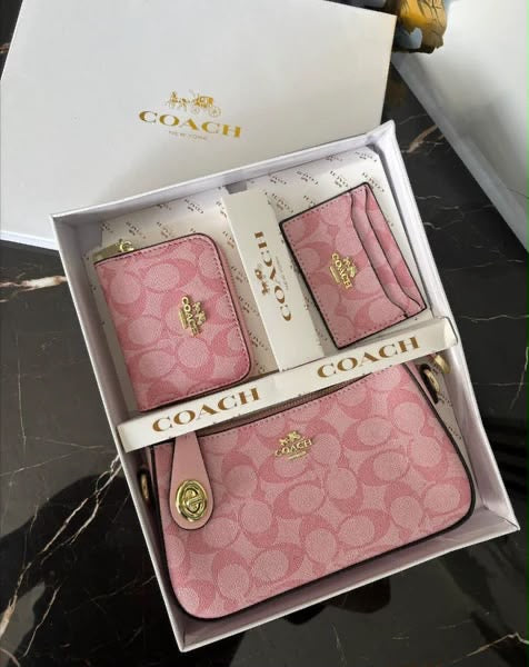 Set De Regalo De Cartera Coach Rosa de 3 Piezas Con Caja