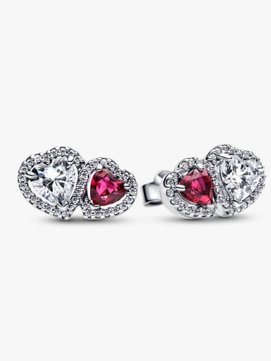 Aretes Pandora Botón Halo Doble Corazón Blanco Y Rojo