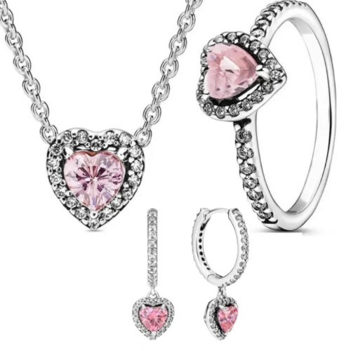 Set Pandora Corazón Rosa Brillante Con Argollas