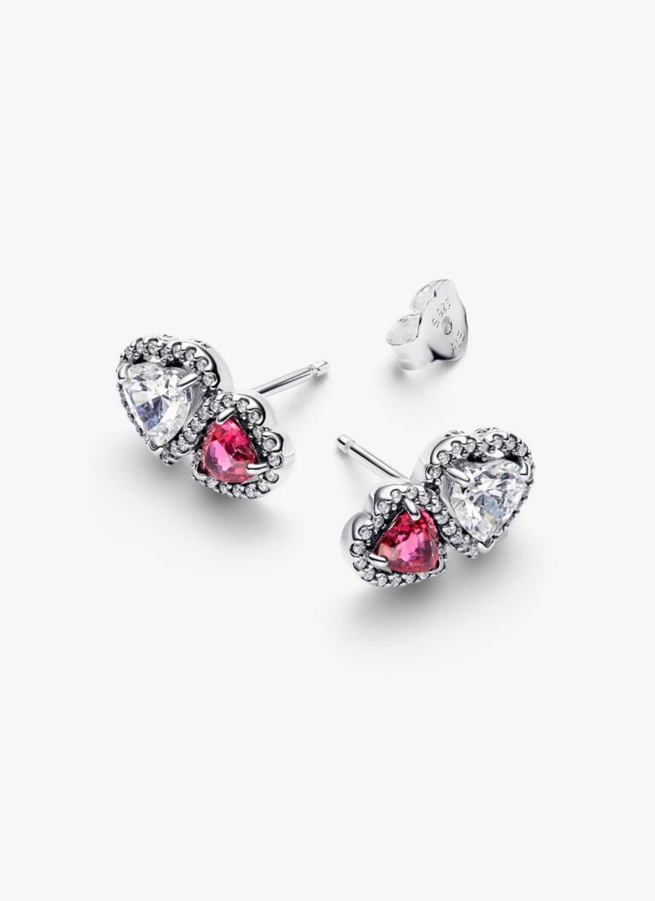 Aretes Pandora Botón Halo Doble Corazón Blanco Y Rojo