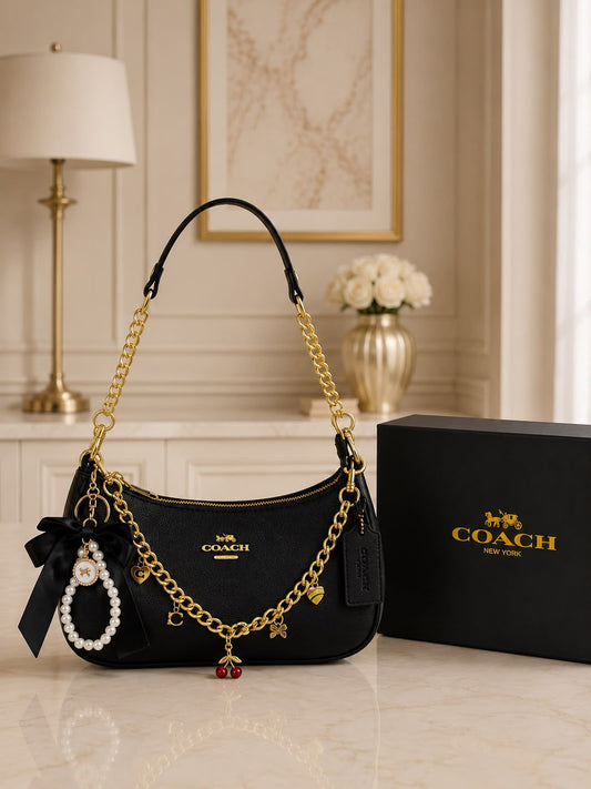 Set De Cartera Coach Negra Con Caja Y 2 Charms