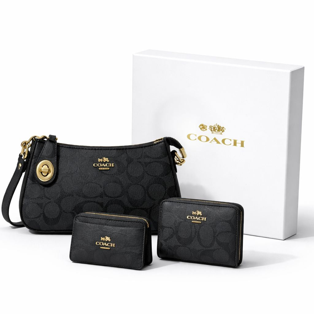 Set De Regalo De Cartera Coach Negro Con Gris de 3 Piezas Con Caja