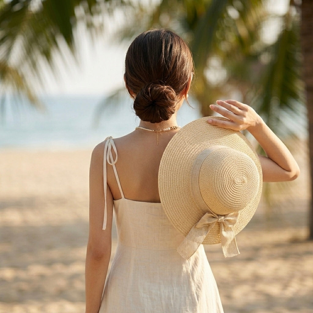 Sombrero Playero Mediano con cinta Beige