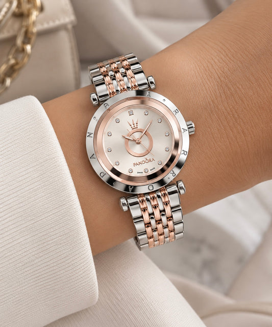 Reloj Pandora Centro Giratorio Brillante Plateado Y Rose Gold