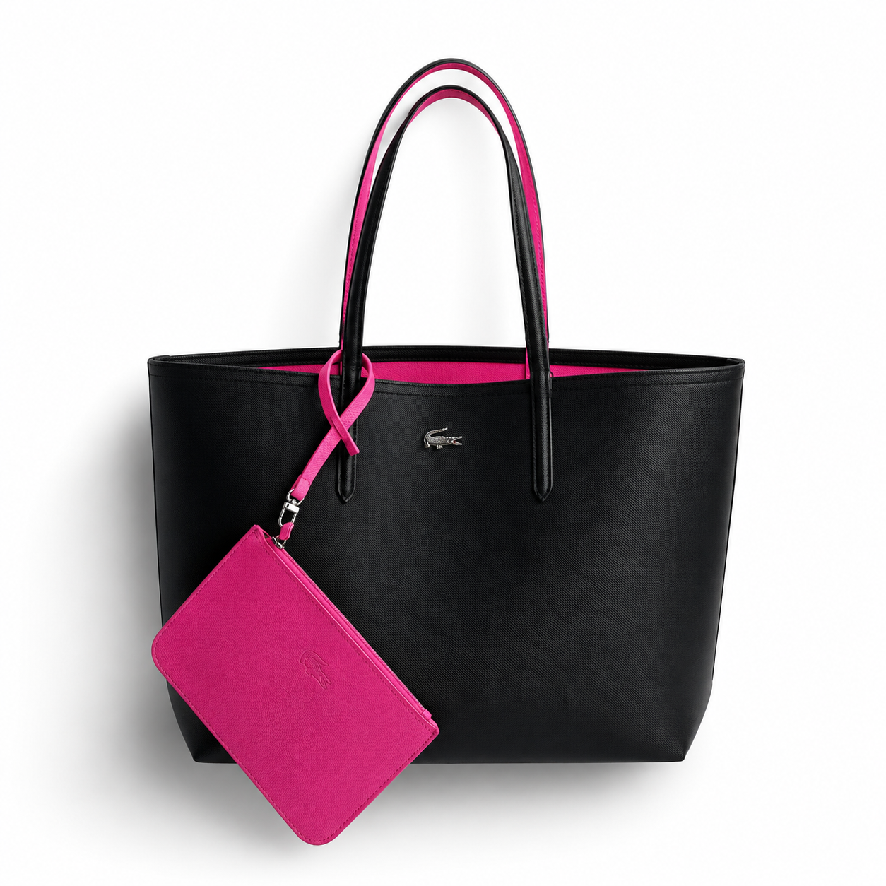 Cartera Tote Bag Grande Lacoste Reversible Fucsia Con Negro y Bolsa De Mano