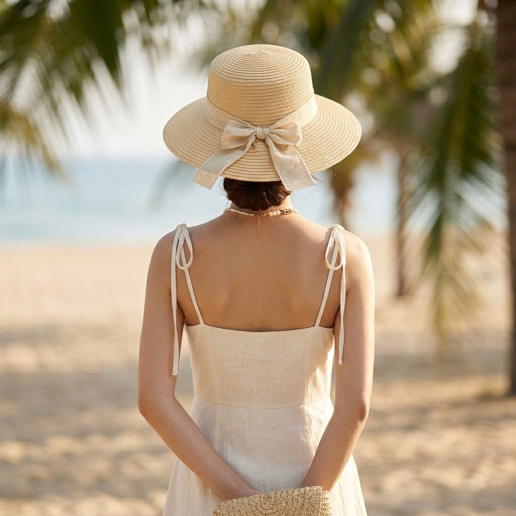 Sombrero Playero Mediano con cinta Beige