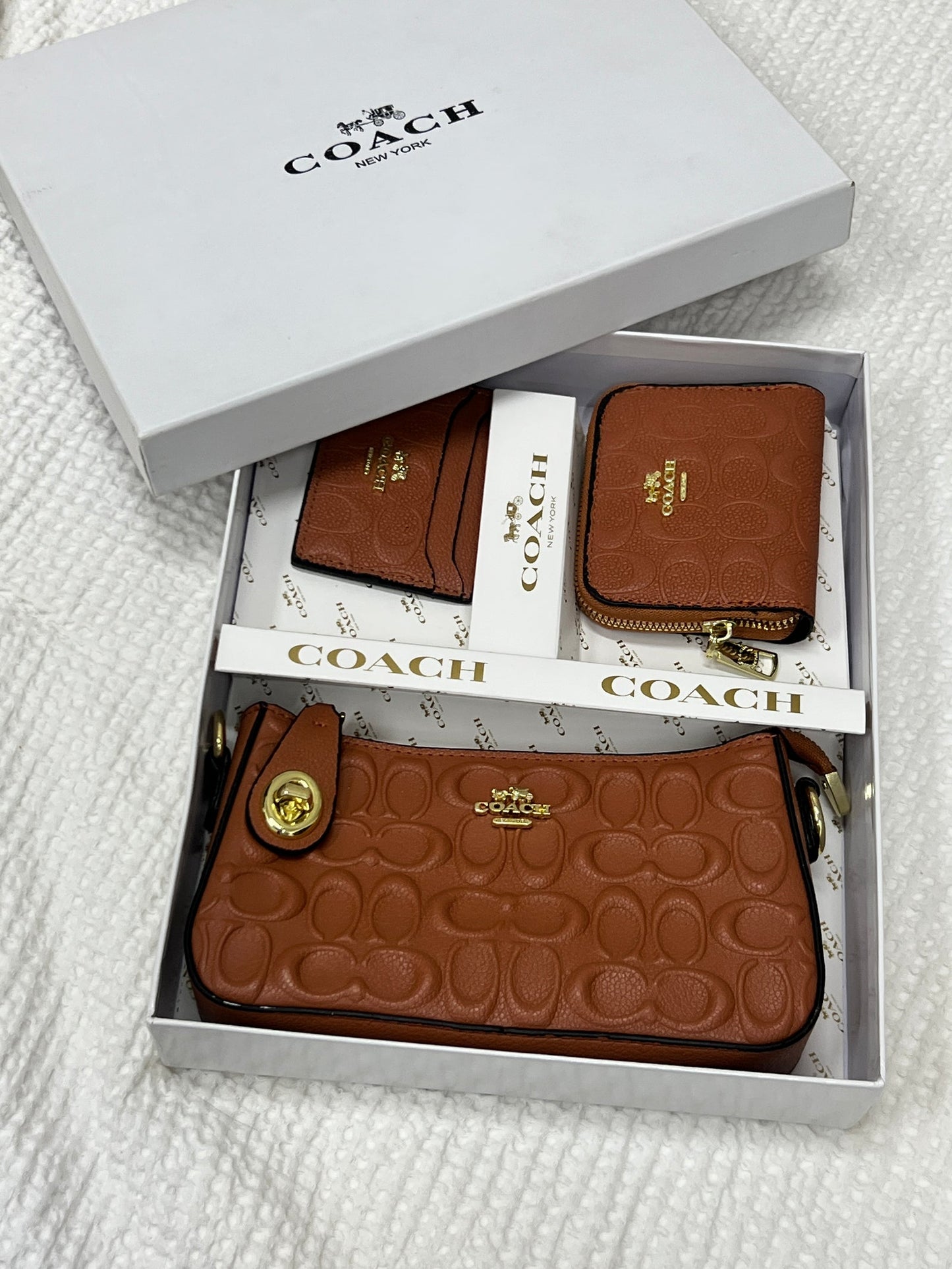 Set De Regalo De Cartera Coach Marrón de 3 Piezas Con Caja