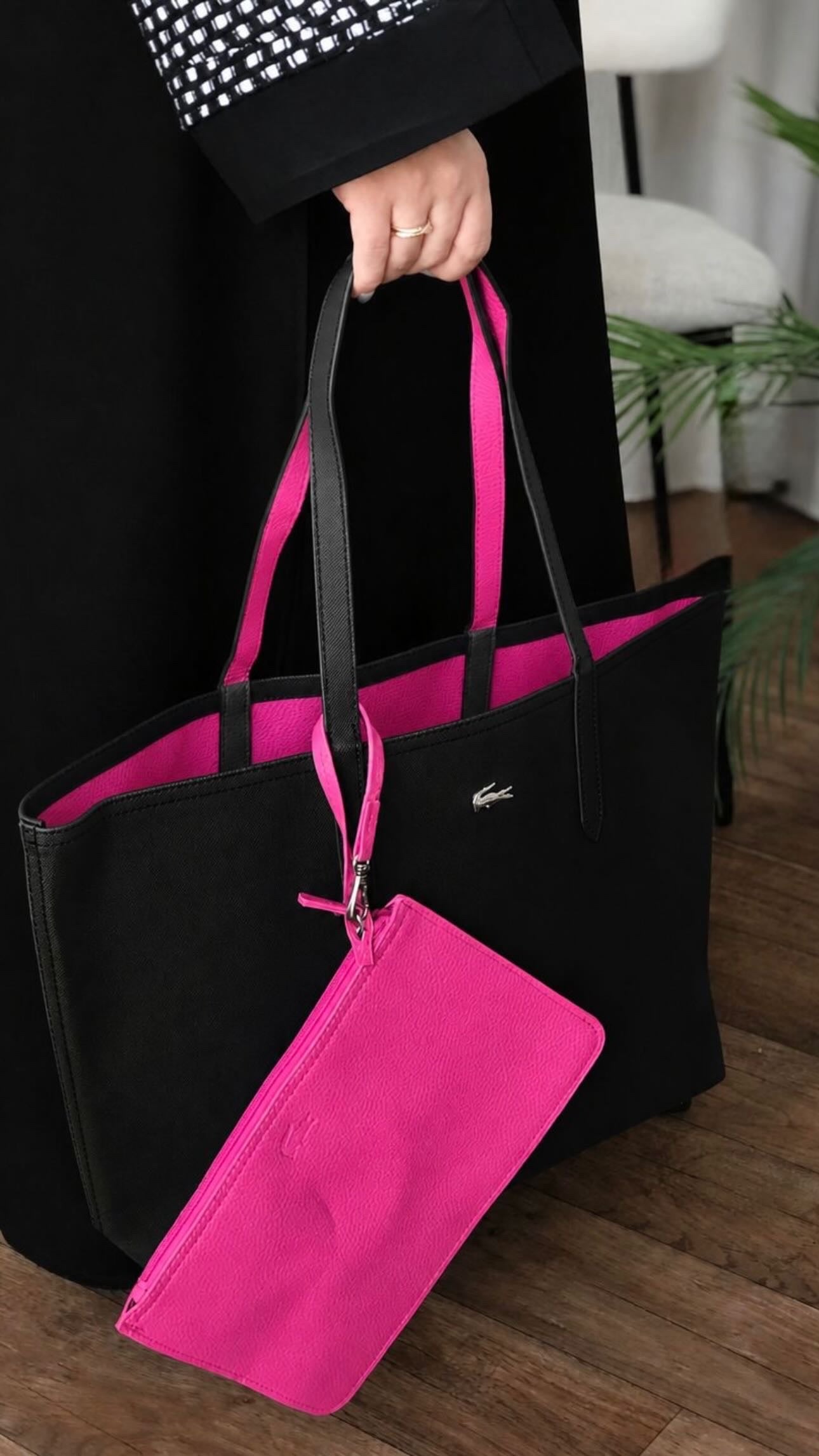 Cartera Tote Bag Grande Lacoste Reversible Fucsia Con Negro y Bolsa De Mano