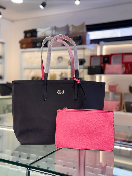 Cartera Lacoste Grande Con Bolsa De Mano De 2 Colores Negro y Rosa