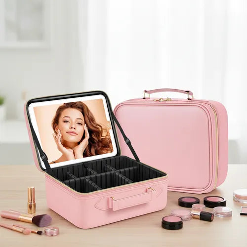 Maletín Organizador De Maquillaje Espejo Luz Led