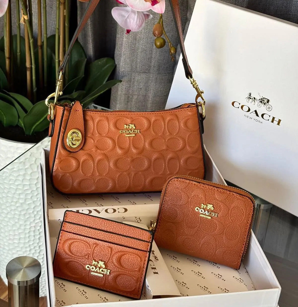 Set De Regalo De Cartera Coach Marrón de 3 Piezas Con Caja
