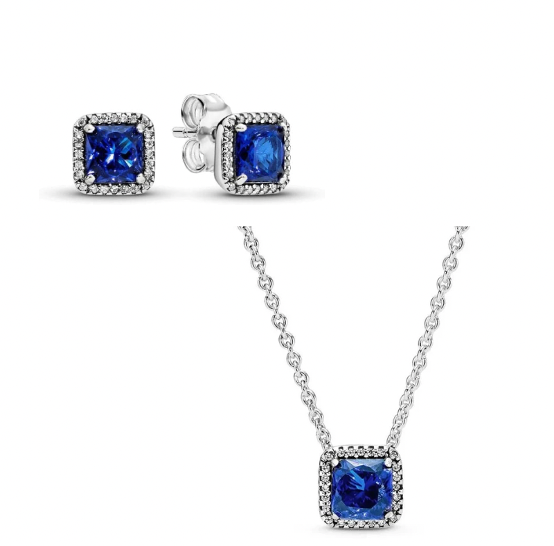 Set Pandora Cuadrado Brillante En Plata Azul