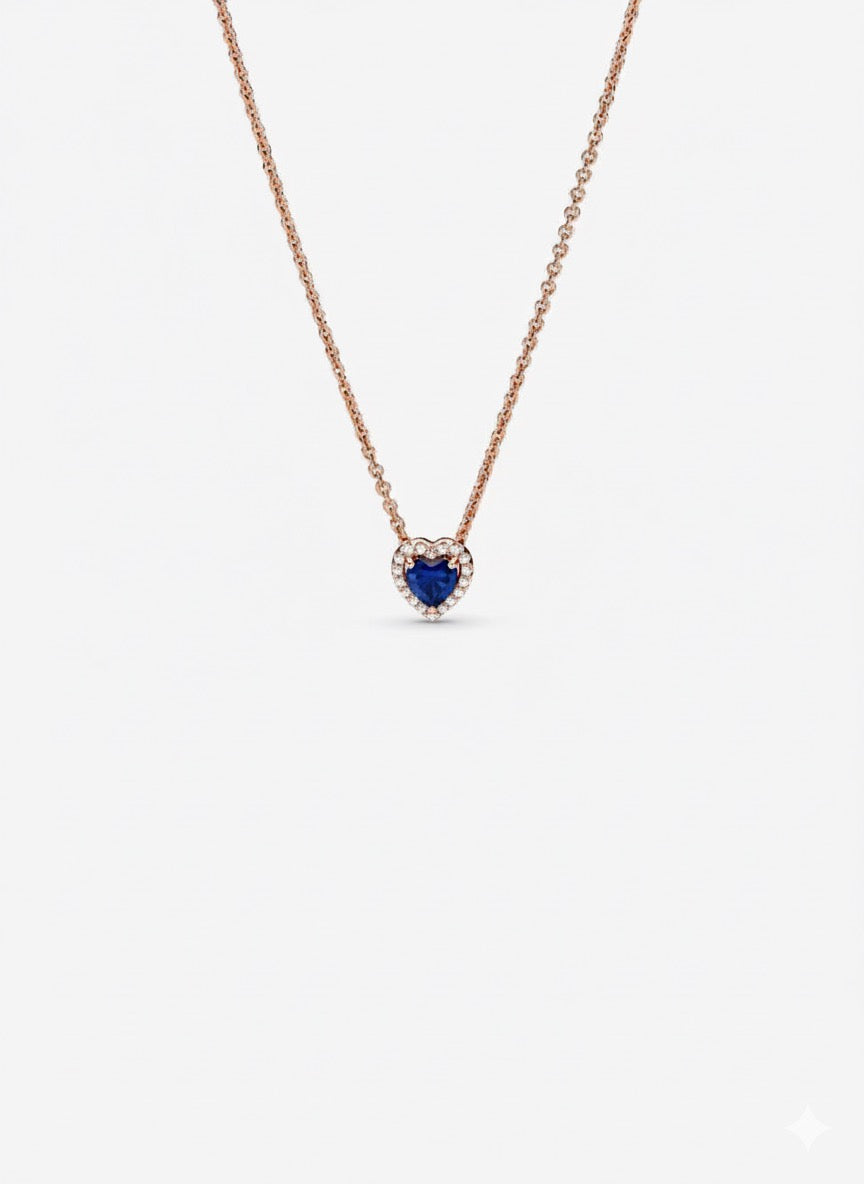 Collar Pandora Corazón Azul En Rose Gold