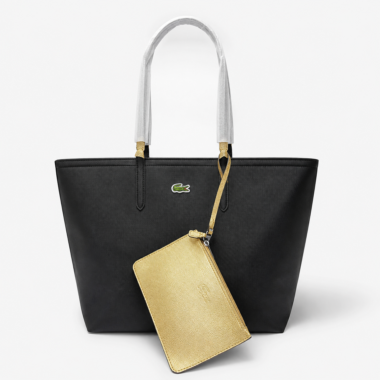 Cartera Lacoste Grande Con Bolsa De Mano De 2 Colores Negro Y Dorado