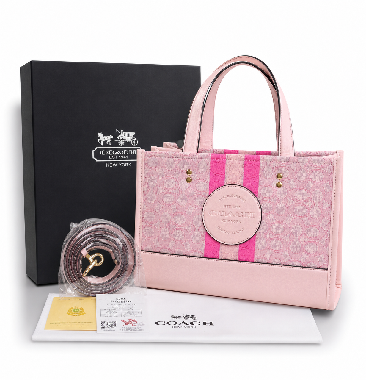 Cartera Coach Dempsey En Jacquard De Firma Rosa Con Caja
