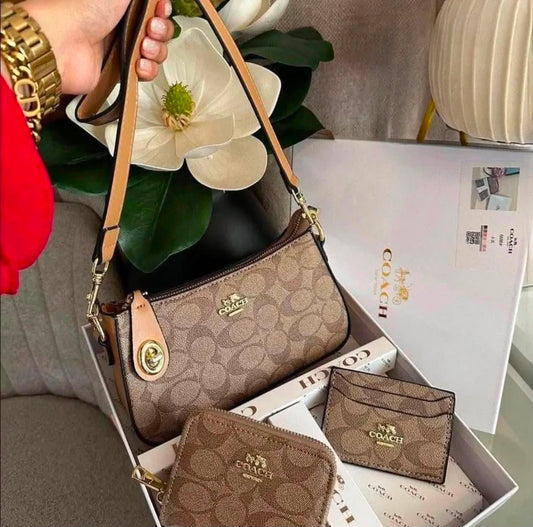 Set De Regalo De Cartera Coach Kakhi de 3 Piezas Con Caja