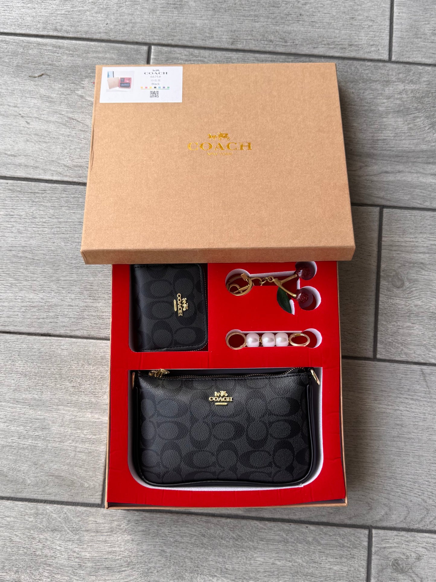 Set De Cartera Coach Con Monedero Negro Charms Y Caja
