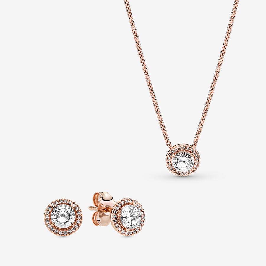 Set Pandora redondo con halo brillante en rose gold