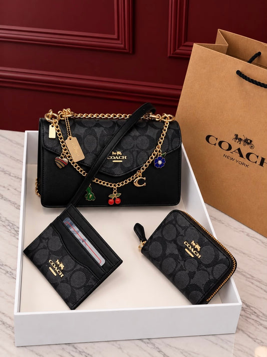 Set De Carteras 3 Piezas En Negro Con Charm Largo Y Caja