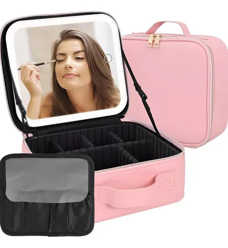 Maletín Organizador De Maquillaje Espejo Luz Led
