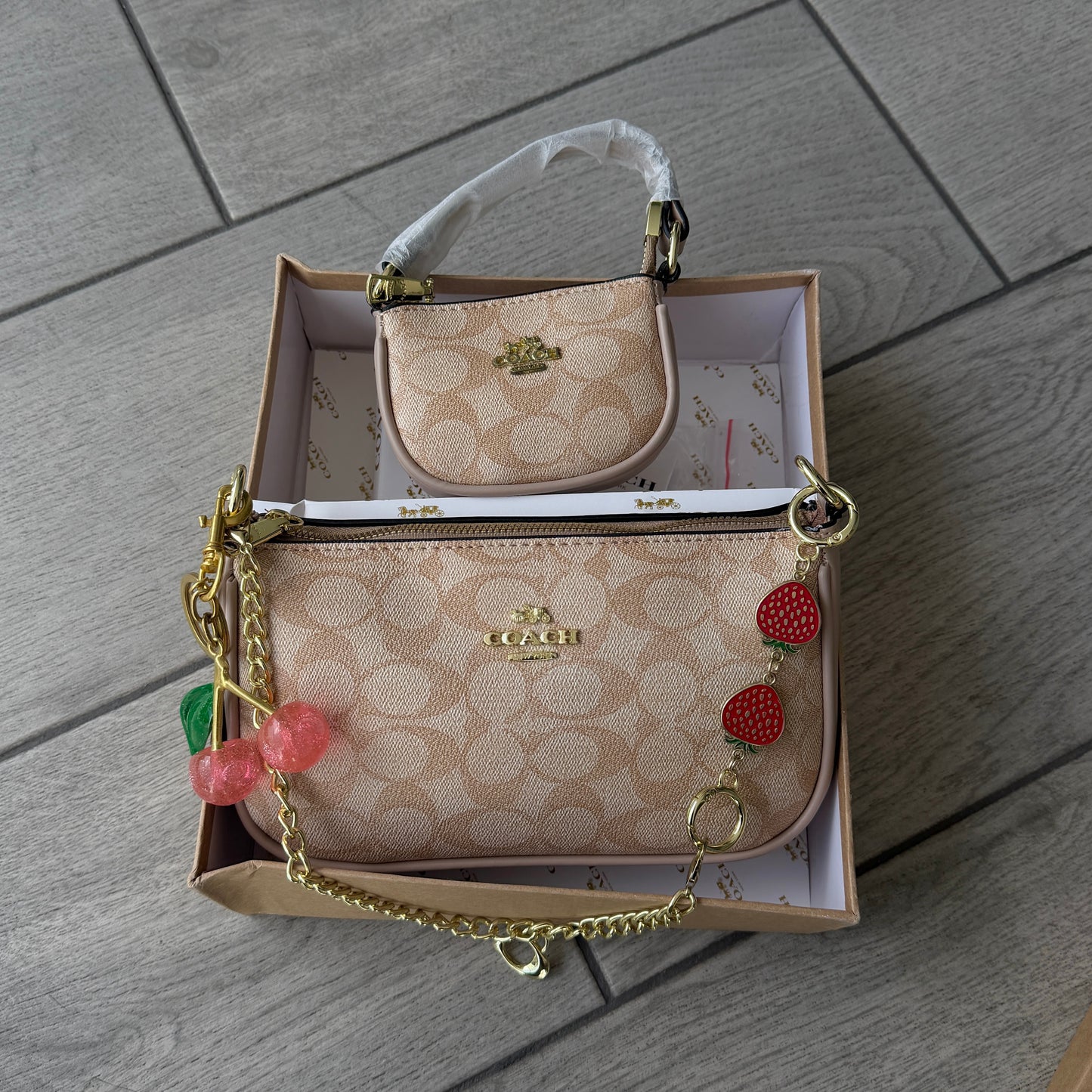 Set De Cartera Coach Mini Con Cartera De Hombro y Charms Color Khaki Con Caja