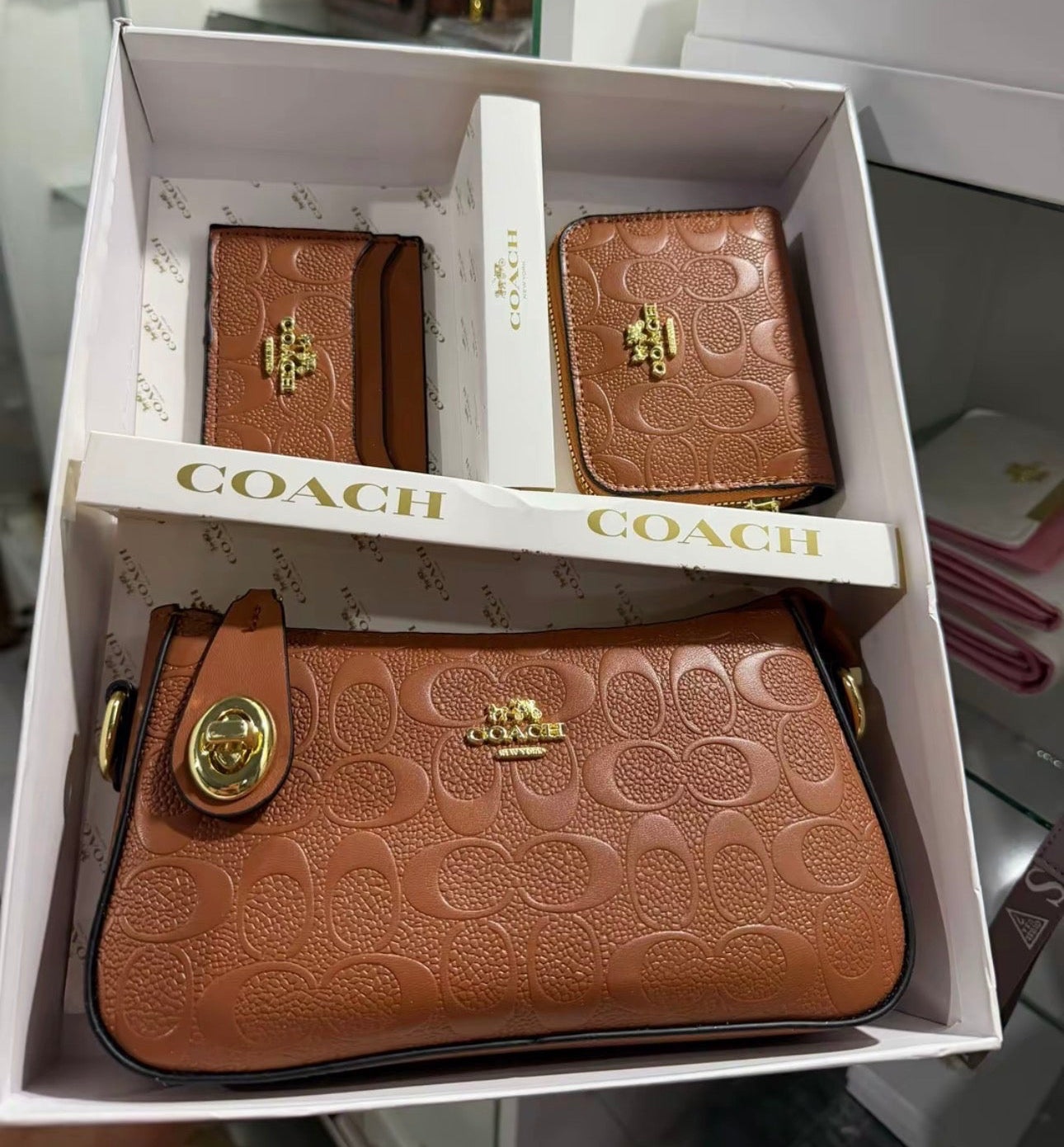 Set De Regalo De Cartera Coach Marron de 3 Piezas Con Caja