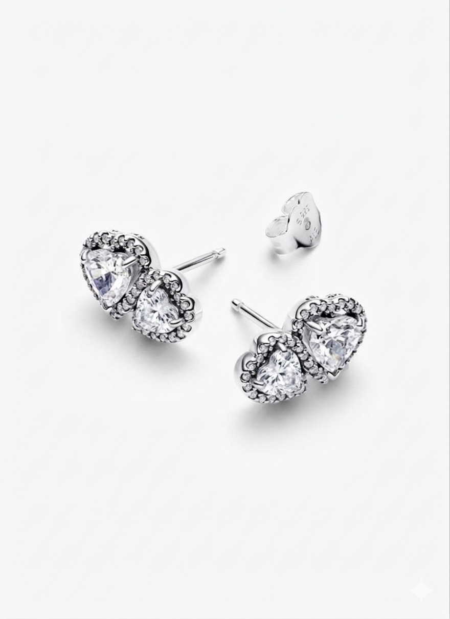 Aretes Pandora Botón Halo Doble Corazón Blanco