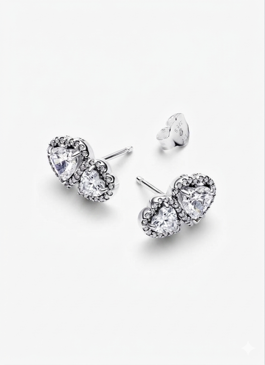 Aretes Pandora Botón Halo Doble Corazón Blanco