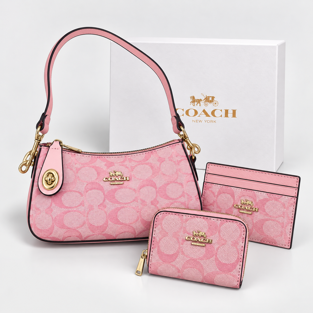 Set De 3 Carteras Coach Clásico Rosa Y Caja