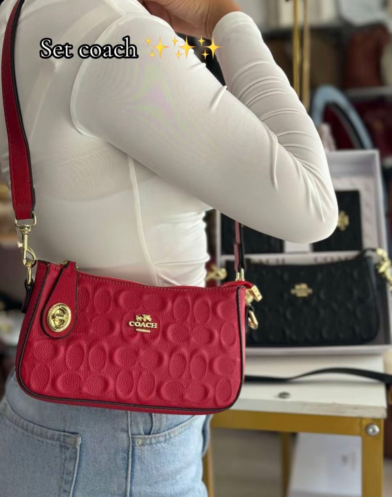 Set De Regalo De Cartera Coach Rojo de 3 Piezas Con Caja