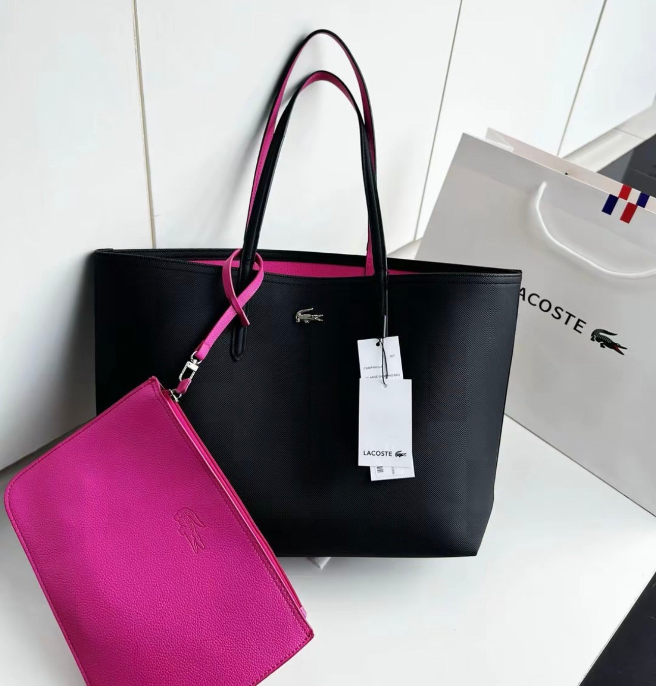 Cartera Tote Bag Grande Lacoste Reversible Fucsia Con Negro y Bolsa De Mano