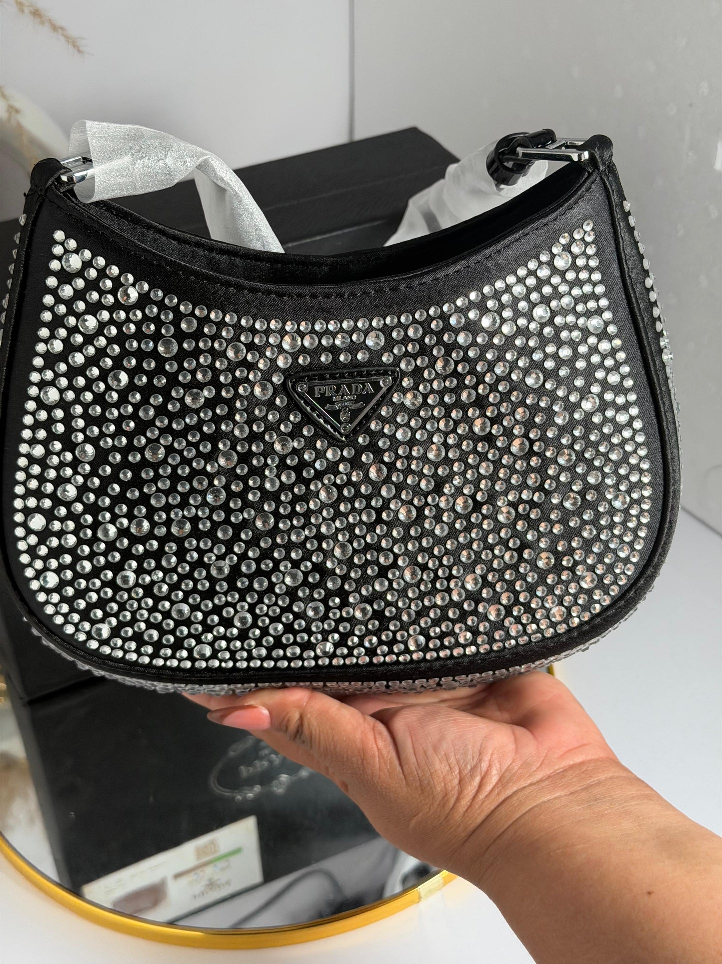 Cartera Prada Cleo De Satén Con Cristales Con Caja