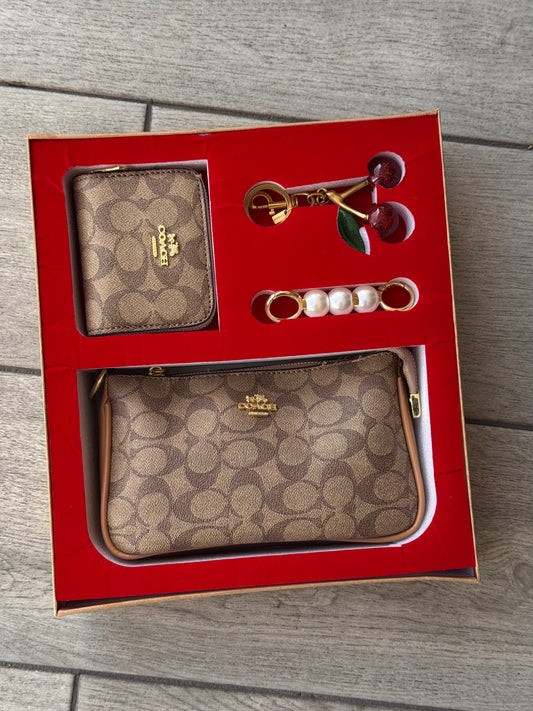 Set De Cartera Coach Con Monedero Khaki Con Charms Y Caja
