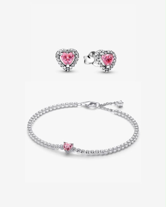 Set De Regalo Pandora Brazalete Y Aretes Corazón Rosa