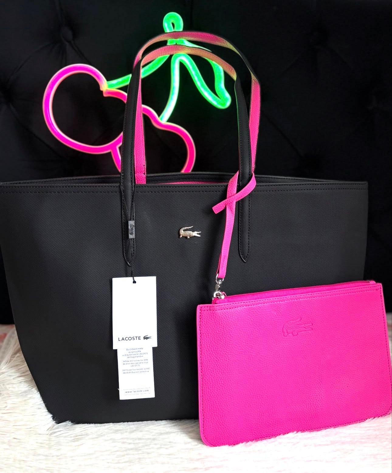 Cartera Tote Bag Grande Lacoste Reversible Fucsia Con Negro y Bolsa De Mano