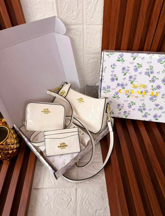 Set De Cartera Coach Blanca Charol De 3 Piezas Con Caja