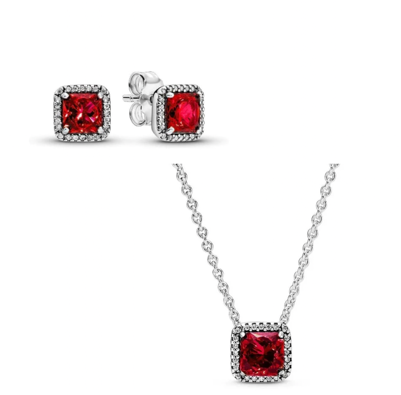 Set Pandora Cuadrado Brillante En Plata Rojo